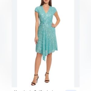 NWT Maggy London Aqua Teal Sequin Asymmetrical Spring Fling Dress 4